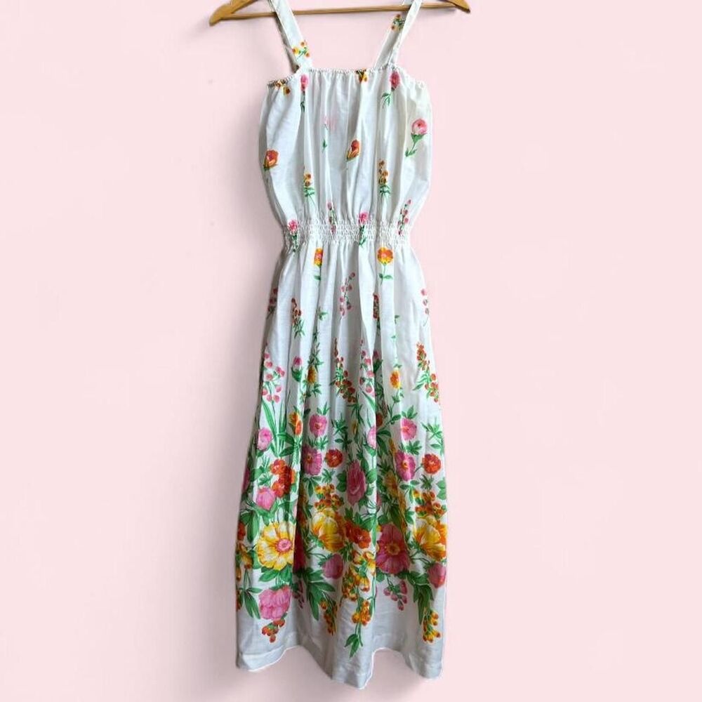 RARE late 70’s/80’s “Sears” white cotton- blend bright garden floral, maxi dress - Picture 2 of 8